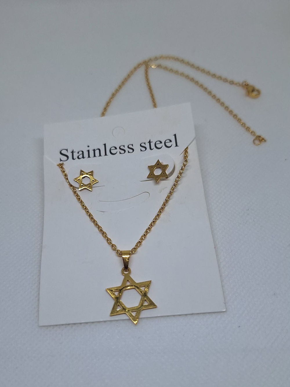 Gold Star of David Necklace & Earring Set - Stainless Steel